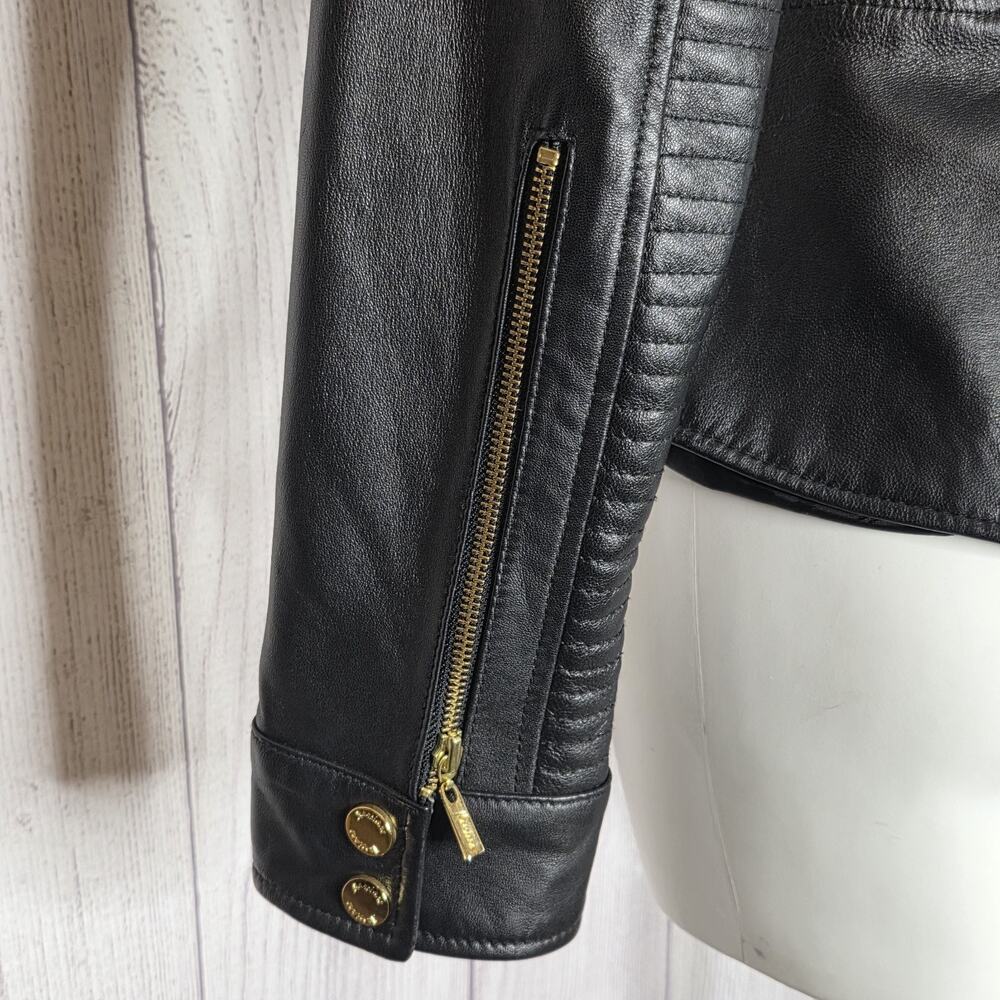 Marciano Black Leather Moto Jacket Gold Hardware Leopard Lining, sz Large - Picture 6 of 9